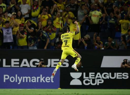 El uruguayo Brian Rodríguez celebra un gol en el triunfo del América ante Columbus Crew en cuartos de final de la Leagues Cup el 26 de agosto de 2026 en el Dignity Health Sports Park de Carson, California — Harry How