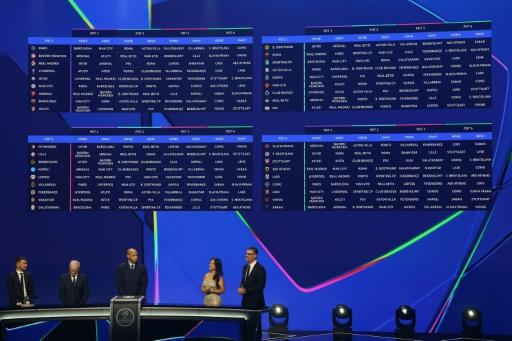 Imagem do resultado do sorteio da Liga dos Campeões 2026-2027 nas telas do Grimaldi Forum, em Mônaco, em 27 de agosto de 2026. — Valery HACHE / AFP