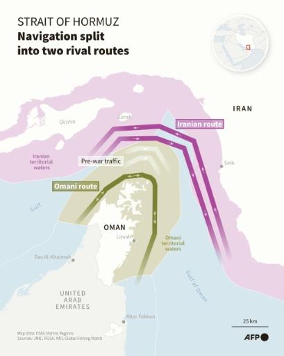 Infographic with a map of the Strait of Hormuz showing the shipping lane coordinated by Oman and the lane designated by Iran, as Tehran and Muscat discuss an agreement on transit arrangements along this strategic route — Nicholas SHEARMAN, Sherine ELSAYARY, Luca MATTEUCCI / AFP