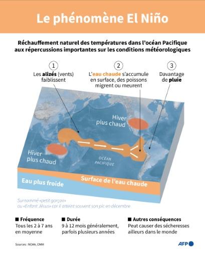 Graphique expliquant le phénomène El Niño dans l'océan Pacifique — Gal ROMA, Sophie RAMIS / AFP