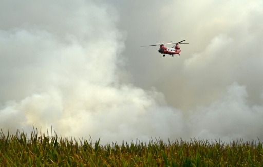 Un hélicoptère CH-47D Chinook du Service des pompiers ruraux (RFS) de Nouvelle-Galles du Sud, en Australie, survole la forêt de Luglon lors d'un incendie de forêt, dans le sud-ouest de la France, le 14 août 2026 — Gaizka IROZ / AFP