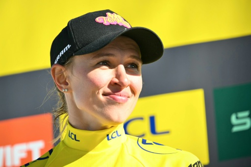 Former winner Katarzyna Niewiadoma of Poland wears the overall leader's yellow jersey on Mont Ventoux two days before the Tour de France Femmes finishes in Nice — NICOLAS TUCAT / AFP