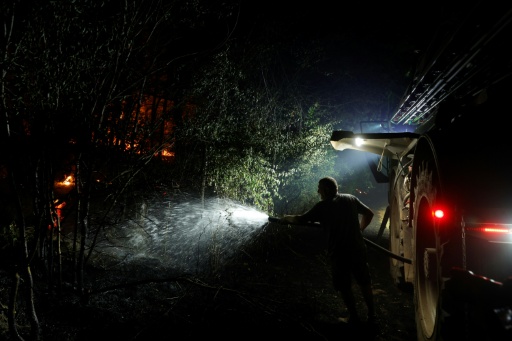 Un agriculteur arrose la forêt de Fontainebleau, après qu'un incendie de forêt s'est déclaré en fin d'après-midi à Noisy-sur-École, le 12 juillet 2026