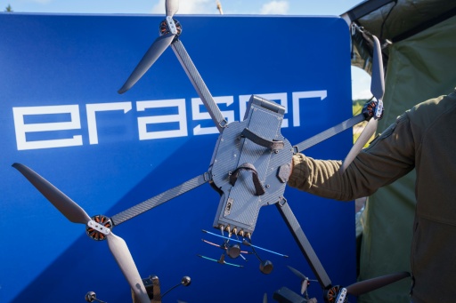 A Latvian Eraser B19 drone on display at anti-drone international military excises that Latvia hosted in 2025 — Gints Ivuskans / AFP