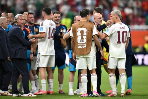 El seleccionador español Luis de la Fuente felicita a Dani Olmo (derecha) por la victoria en el partido de la fase de grupos de Mundial contra Uruguay, en Guadalajara (México) el 26 de junio de 2026