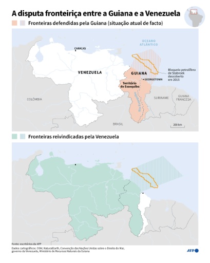 Mapas da Guiana e da Venezuela; um mostra a situação atual do território do Essequibo, atualmente sob administração guianesa, e outro mostra a reivindicação da Venezuela sobre o território e sua Zona Econômica Exclusiva. — Sophie RAMIS, Valentin RAKOVSKY, Renata MARTINS / AFP