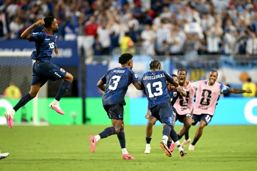 Cape Verde defender Sidney Lopes Cabral celebrates with teammates after scoring his team's second goal against Argentina in Miami