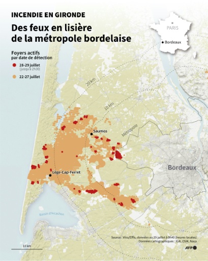 Carte de l'incendie parti le 22 juillet de Saumos (Gironde) — Sherine ELSAYARY, Nalini LEPETIT-CHELLA, Sylvie HUSSON / AFP