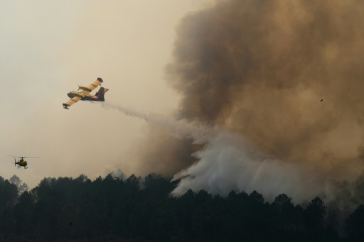 Vue prise depuis un hélicoptère de la Sécurité civile montrant un Canadair larguant de l'eau sur un incendie à Saint-Jean-d'Illac, en Gironde, le 28 juillet 2026 — Baz Ratner / AFP