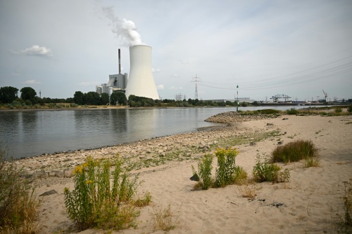 The partially dried-up river bed of the Rhine near a power station in Duisburg — Ina FASSBENDER / AFP