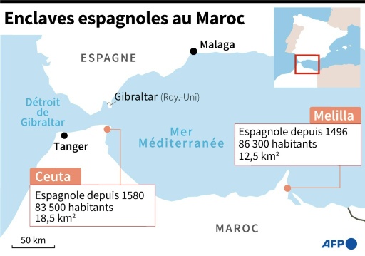 Localisation et données sur les enclaves espagnoles de Ceuta et Melilla au Maroc — STF / AFP