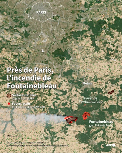 Carte montrant l'incendie qui a débuté dimanche 12 juillet 2026 dans la forêt de Fontainebleau (Seine-et-Marne) et sa proximité avec Paris — Olivia BUGAULT, Valentina BRESCHI / AFP