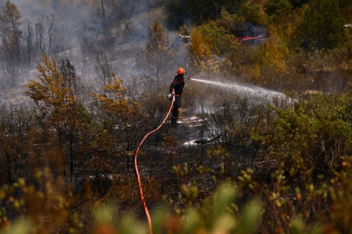 Un bombero rocía la vegetación quemada en el Var, en el sureste de Francia, el 22 de julio de 2026 — Manon Cruz / AFP