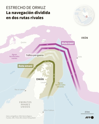 Mapa del estrecho de Ormuz que muestra el corredor marítimo coordinado por Omán y el corredor designado por Irán, mientras Teherán y Mascate discuten un acuerdo sobre las modalidades de paso a través de este eje estratégico — Nicholas SHEARMAN, Sherine ELSAYARY, Luca MATTEUCCI / AFP