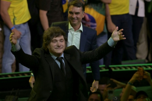 O presidente argentino, Javier Milei, gesticula durante lançamento da candidatura do senador Flávio Bolsonaro (PL-RJ) à Presidência, durante convenção do Partido Liberal em São Paulo, em 25 de julho de 2026 — Nelson ALMEIDA / AFP