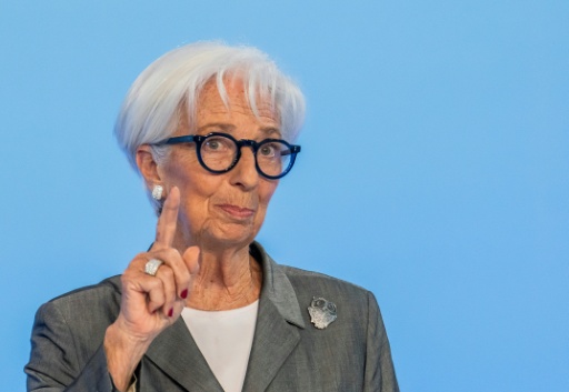 La présidente de la Banque centrale européenne (BCE), lors d'une conférence de presse après une réunion de l'institution, à Francfort le 23 juillet 2026 — Andreas Arnold / AFP