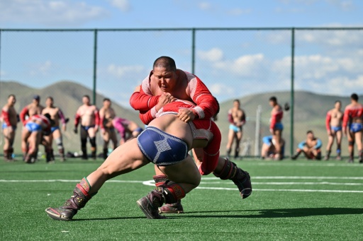 Cette photo prise le 24 juin 2026 montre des lutteurs mongols s'entraînant lors d'un camp de préparation au festival de Naadam, à 100 kilomètres d'Oulan-Bator.