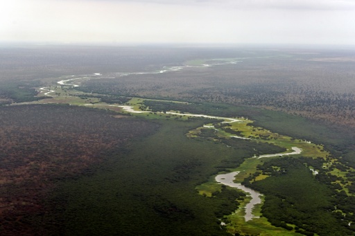 Vue aérienne de la rivière Pibor traversant le paysage entre les parcs nationaux de Boma et de Badingilo, le 4 février 2020, dans le sud du Soudan — TONY KARUMBA / AFP