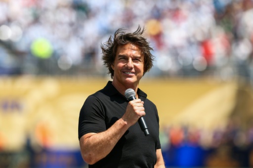 La star Tom Cruise lors d'un discours avant la finale du Mondial, le 19 juin 2026, à East Rutherford (New Jersey), le 19 juillet 2026 — FRANCK FIFE / AFP