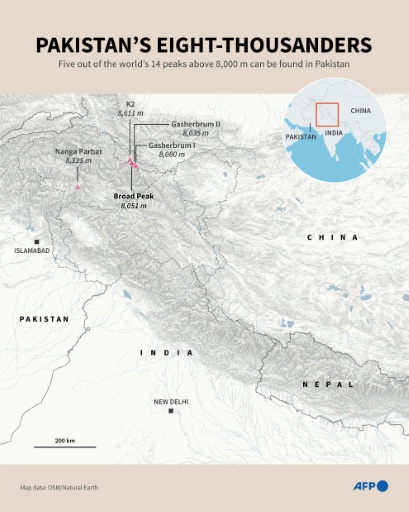 Infographic map showing Pakistan's tallest peaks, including Broad Peak where several people are missing after an avalanche. — John SAEKI / AFP