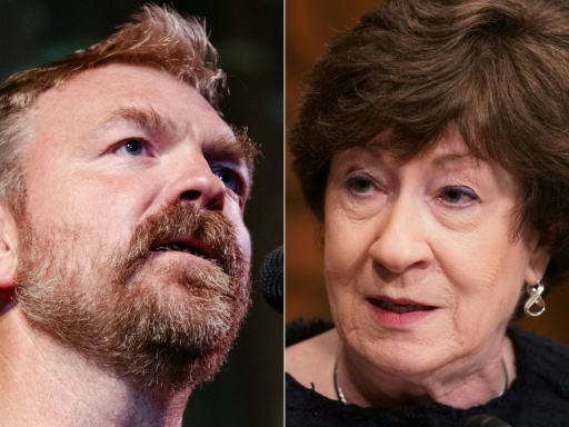 Cette combinaison de photos réalisée le 30 avril 2026 montre Graham Platner, candidat démocrate au Sénat pour l'Etat du Maine, le 22 octobre 2025 à Ogunquit, dans le Maine, et la sénatrice républicaine Susan Collins à Washington, le 23 février 2021