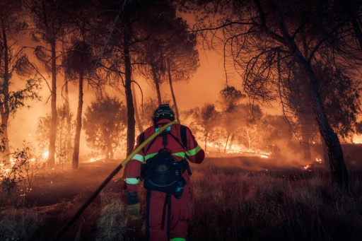 Cette photo fournie, diffusée le 26 juillet 2026 et prise le 24 juillet 2026 par l’Unité militaire d’urgence (UME) espagnole, montre des membres de l’UME combattant un incendie de forêt près de Navas del Rey, à 55 kilomètres au sud-ouest de Madrid — Handout / AFP