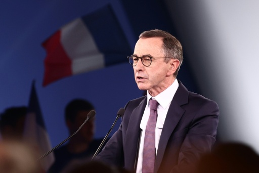 Bruno Retailleau, président des Républicains et candidat à la présidentielle, lors d'un meeting à Paris, le 20 juin 2026 — Guillaume BAPTISTE / AFP