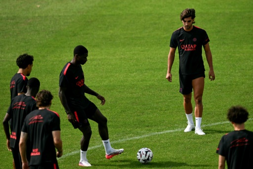 El delantero Ferran Torres (derecha) se entrena por primera vez con el PSG el 15 de agosto de 2026 en la ciudad deportiva de Poissy — LOU BENOIST / AFP
