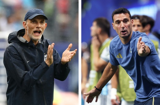 O técnico da Inglaterra, Thomas Tuchel (à esquerda), em East Rutherford, Nova Jersey, em 27 de junho de 2026, e o técnico da Argentina, Lionel Scaloni, em Atlanta, em 7 de julho de 2026.