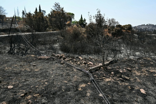 Des pylônes électriques au sol après un incendie à Coustouge, dans l'Aude le 9 août 2025 — Bertrand GUAY / AFP