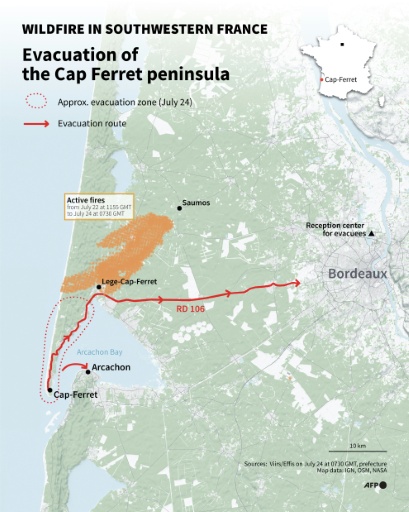 A major fire in France that broke out Wednesday is threatening the Cap Ferret peninsula favoured by holidaymakers — Sherine ELSAYARY, Nalini LEPETIT-CHELLA, Sylvie HUSSON / AFP