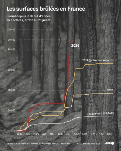Évolution des surfaces brûlées en France depuis le début de l'année 2026, et comparaison avec la moyenne entre 2006 et 2025, et les années particulièrement destructrices 2022 et 2025, pour des feux de plus de 30 hectares ayant débuté jusqu'au 29 juillet 2029, selon les données Effis-Copernicus. — Luca MATTEUCCI, Jean-Michel CORNU / AFP