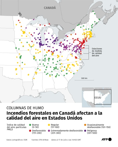 Mapa mostrando el índice de calidad del aire en la parte de Estados Unidos expuesta al humo de los incendios forestales en Canadá, al 17 de julio de 2026 — Corin Faife / AFP