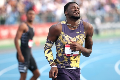 World champion Cordell Tinch reacts after winning the men's 110m hurdles at the US outdoor athletics championships in New York — Caleb Bowlin