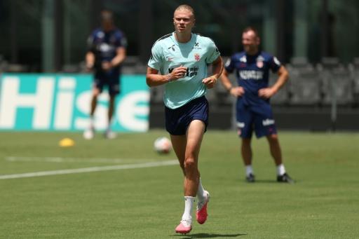 L'attaquant vedette de la Norvège Erling Haaland, à l'entraînement, le 9 juillet 2026 à Fort Lauderdale en Floride