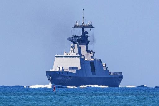 A Taiwan navy Kang Ding-class frigate navigates the coastal waters off Kaohsiung during naval manoeuvres on the first day of the annual Han Kuang military exercise — cheng-chia huang / AFP