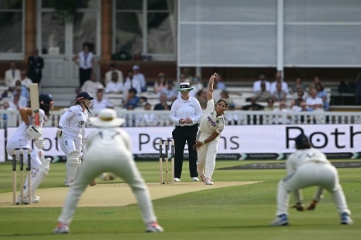 India's Sayali Satghare bowls against England in the inaugural women's Test at Lord's