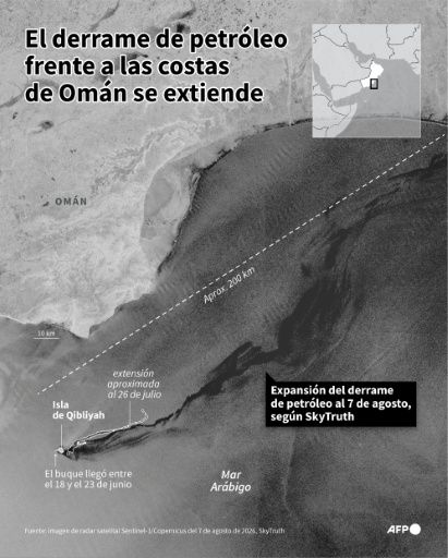 Imagen satelital del 7 de agosto de 2026, del programa europeo Copernicus, que muestra la expansión de la mancha de petróleo que se derramó de un buque varado cerca de la isla omaní de Qibliyah, según la organización sin ánimo de lucro SkyTruth — Valentina Breschi, Olivia Bugault, Olivia Bugault / AFP