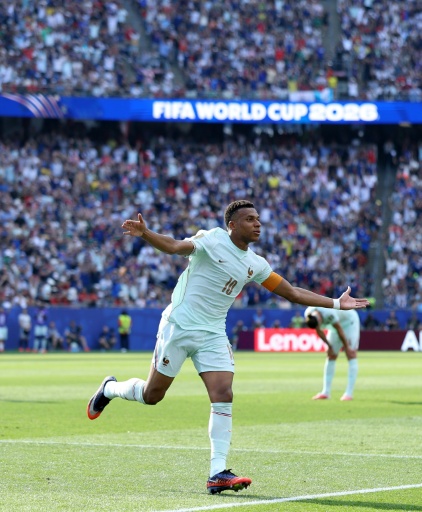 Kylian Mbappé auteur du premier but de l'équipe de France face au Maroc en quart de finale du Mondial le 9 juillet 2026 à Foxborough, dans le Massachusetts — Molly Darlington