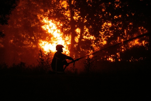 Un sapeur-pompier arrose la forêt près d'une zone résidentielle menacée par l'incendie proche de Lège-Cap-Ferret en Gironde, le 23 juillet 2026 — JULIEN DE ROSA / AFP
