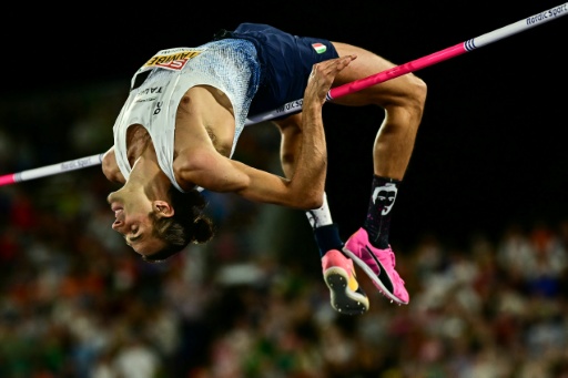 L'Italien Gianmarco Tamberi, en or, lors du saut en hauteur aux championnats d'Europe d'athlétisme à Birmingham (Angleterre) le 14 août 2026 — Ben STANSALL / AFP