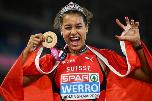 La joie de la Suissesse Audrey Werro, sacrée en finale du 800 m aux championnats d'Europe d'athlétisme à Birmingham (Angleterre) le 14 août 2026 — Paul ELLIS / AFP