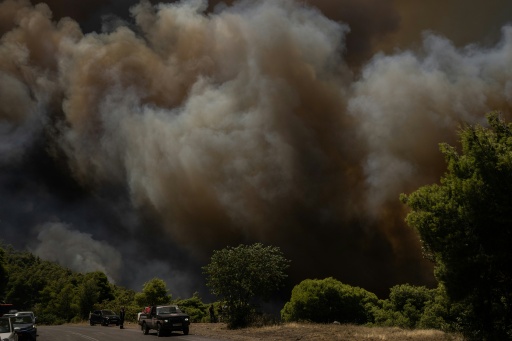 Des véhicules de secours stationnés au premier plan tandis que de la fumée s’élève d’un incendie de forêt à l’arrière-plan, dans la région de Porto Germeno, le 1er août 2026 — Angelos TZORTZINIS / AFP