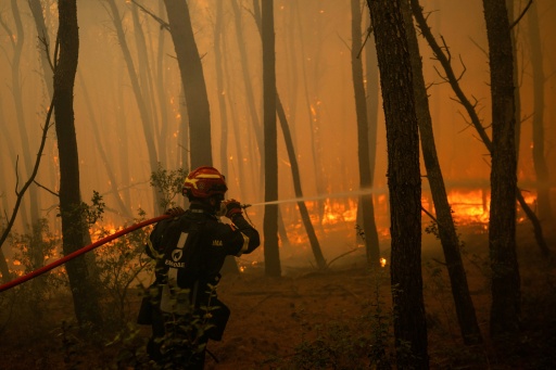 Un pompier grec arrose les flammes lors d’un incendie de forêt dans la région de Porto Germeno, le 1er août 2026 — Angelos TZORTZINIS / AFP