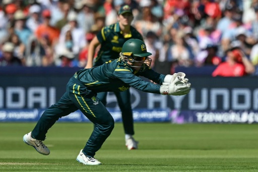 Australia wicket-keeper Beth Mooney dives to catch England's Danni Wyatt-Hodge (not pictured) in the Women's T20 World Cup final at Lord's