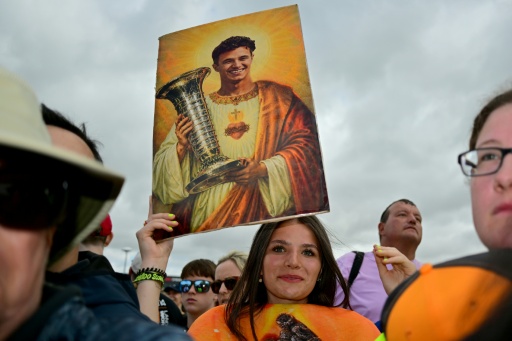 Une spectatrice brandit une pancarte dépeignant en style icône le pilote britannique Lando Norris (McLaren) le 4 juillet 2026 sur le circuit de Silverstone