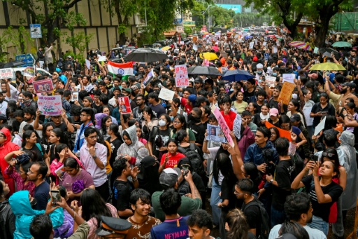 Demonstrators hold placards during a protest gathering in Mumbai on July 22, 2026 — Punit PARANJPE / AFP