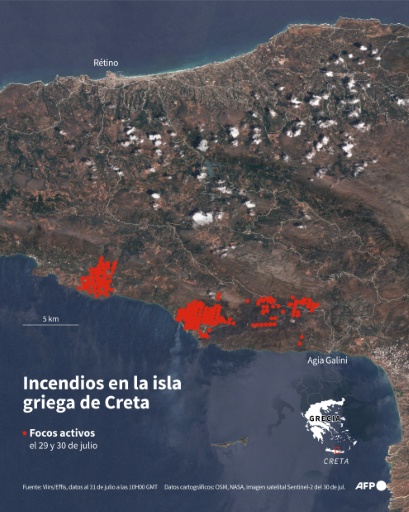 Mapa mostrando los incendios activos en la isla griega de Creta, desde el 29 de julio de 2026 — Sabrina Blanchard, Olivia Bugault, Olivia Bugault / AFP