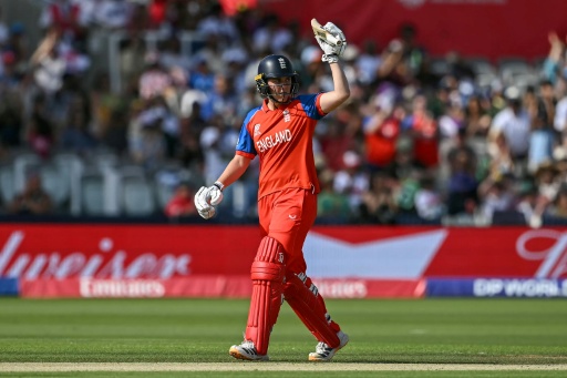 England captain Nat Sciver-Brunt celebrates her fifty during the Women's T20 World Cup final against Australia at Lord's