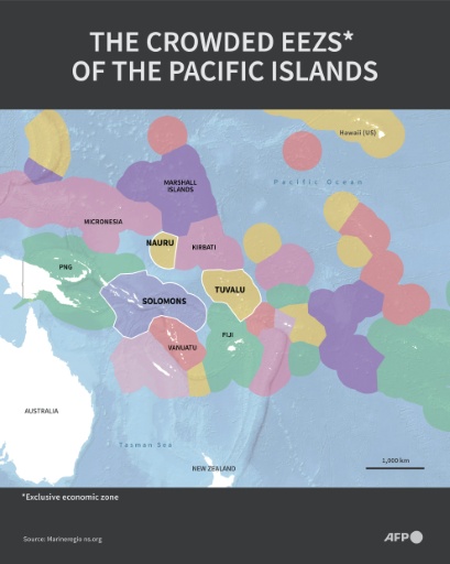 Infographic map of the Pacific Islands showing their inter-locking exclusive economic zones (EEZs).